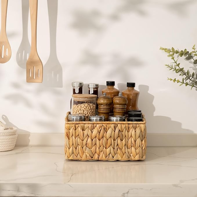 StorageWorks Wicker Silverware Organizer with Handle, Water Hyacinth Kitchen Utensil Holder, Large Utensil Holder for Kitchen Counter, Spoon Forks Cutlery Caddy, Paper Plate Dispenser for Countertop