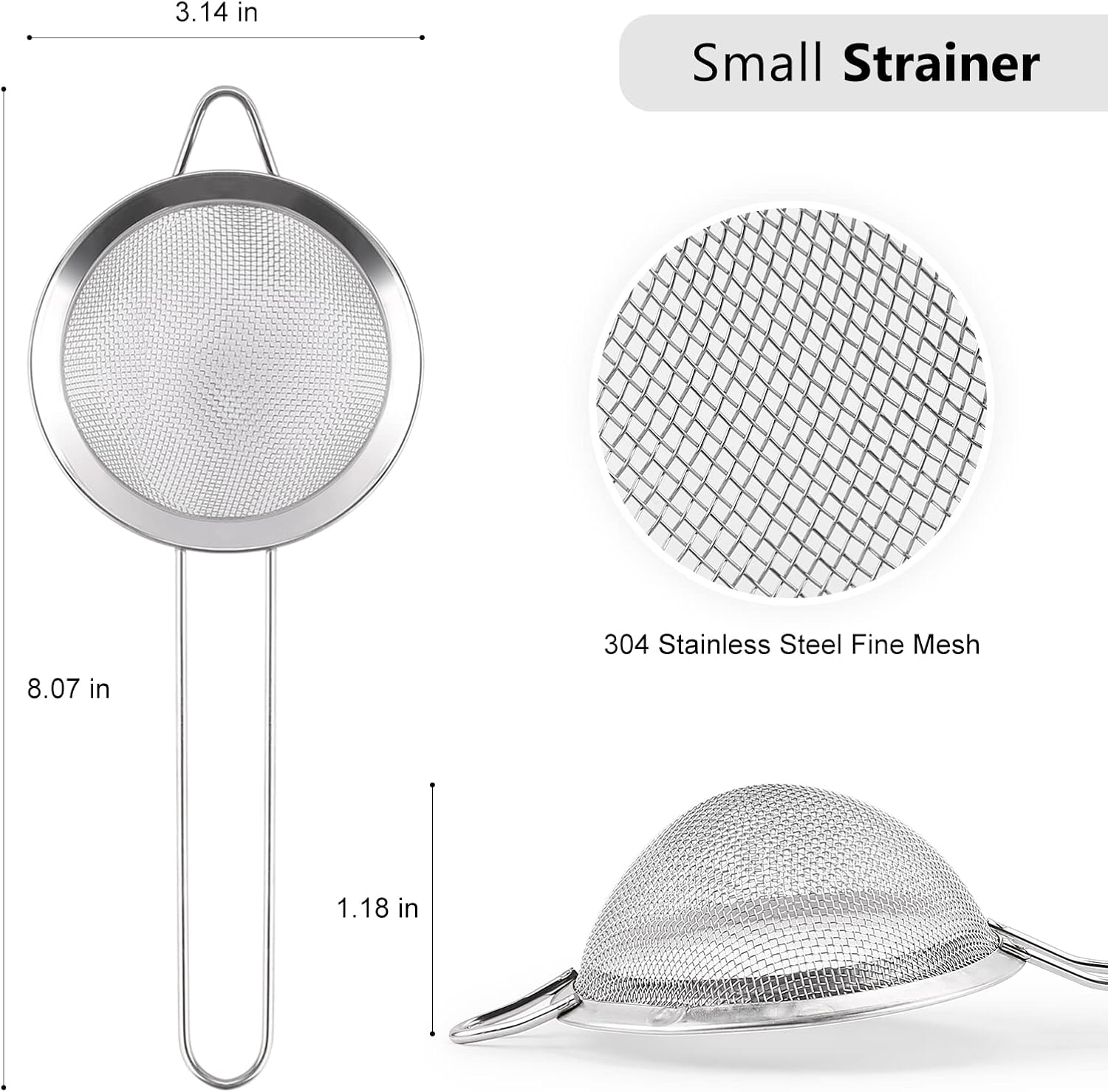 D Fine Mesh Strainer, Stainless Steel Sieve Sifter with Handle, Small Metal Strainer for Loose Tea, Juice, Drink, Herbs, Mini Sifter for Flour, Matcha, Kitchen, Baking, 3-Inch (8x3, Silver)