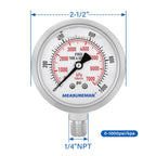 MEASUREMAN Pressure Gauge, 0-1000 PSI/kPa, Glycerin Filled, 1/4 NPT Lower Mount