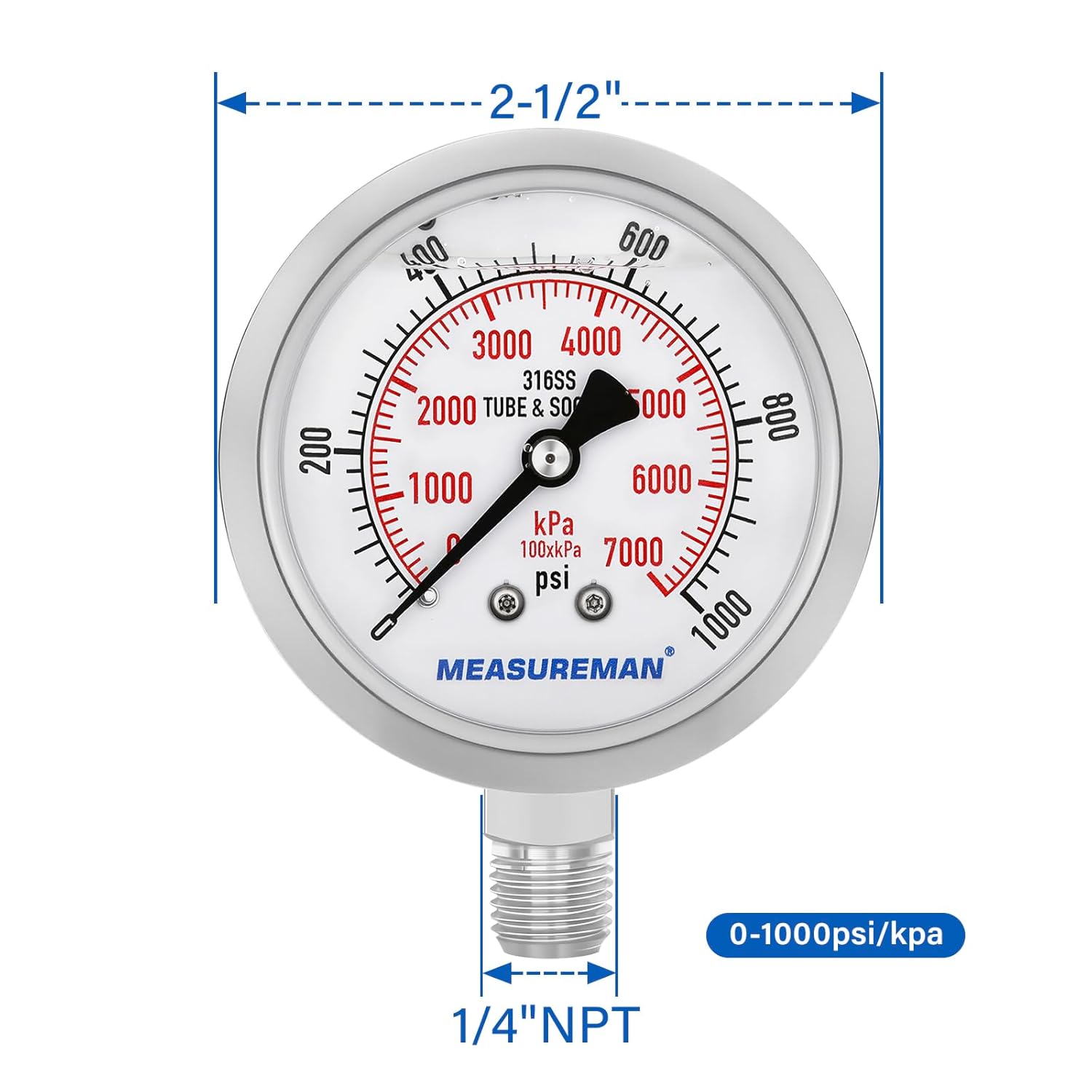 MEASUREMAN Pressure Gauge, 0-1000 PSI/kPa, Glycerin Filled, 1/4 NPT Lower Mount