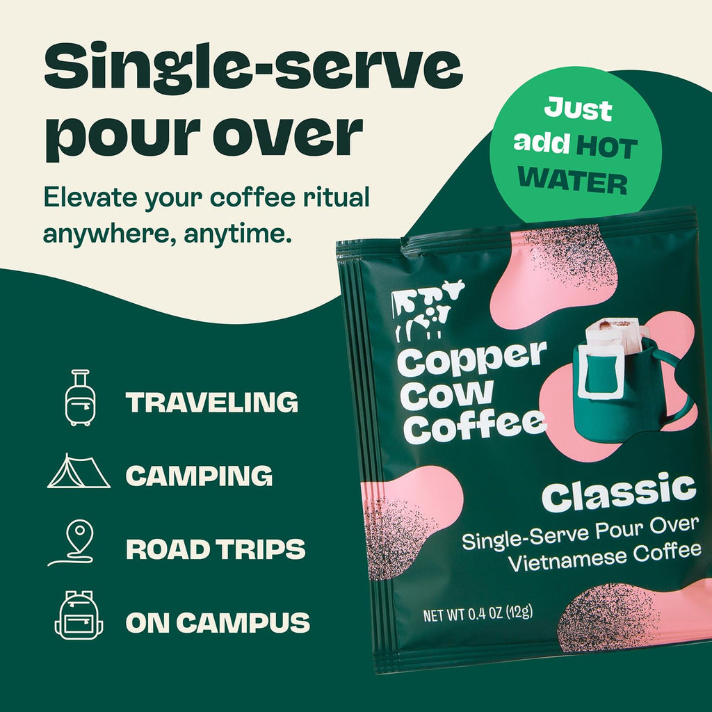 Copper Cow Premium Pour Over Single-Serve Vietnamese Coffee | Classic Black | Dark Roast | Includes 24 Coffees