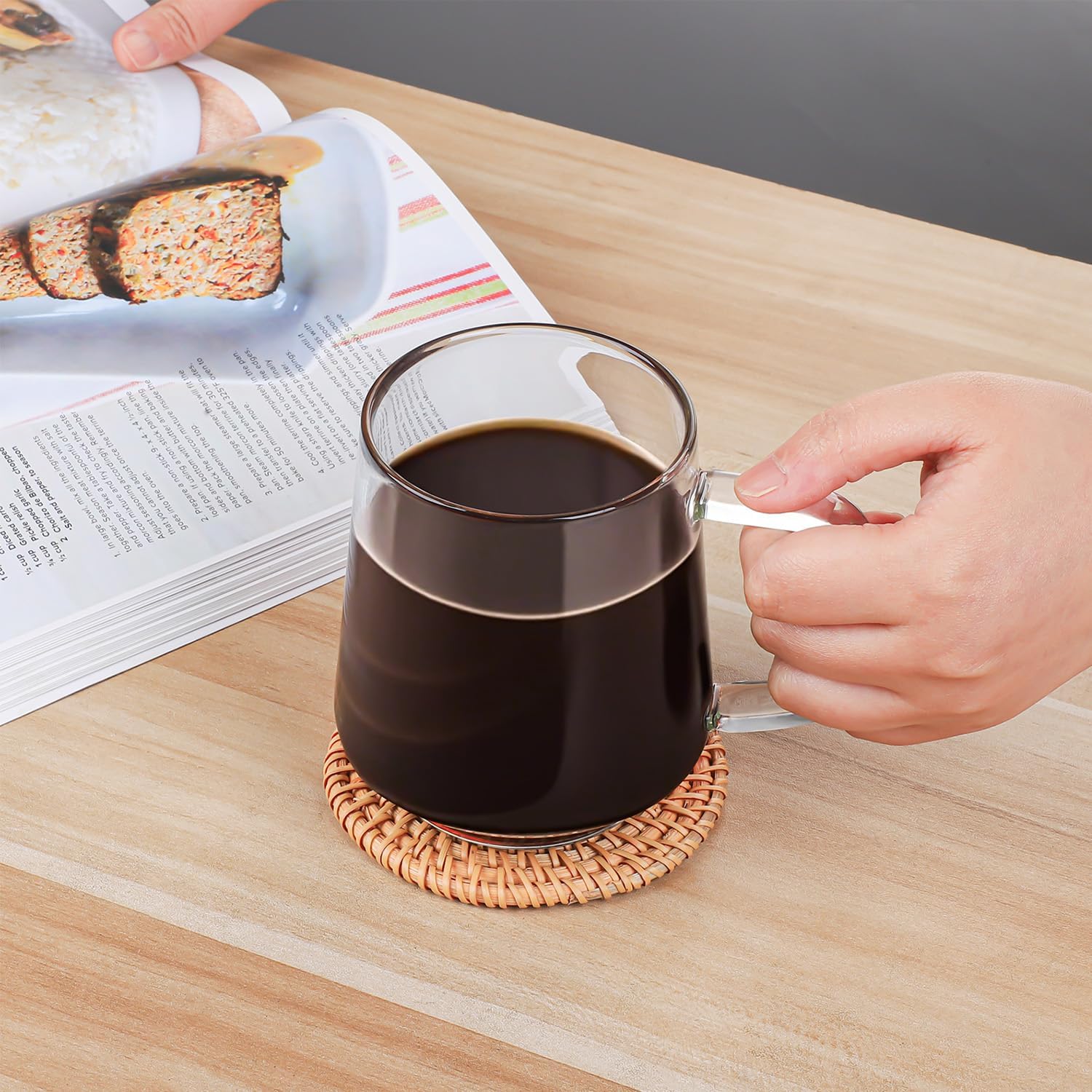 Aquach 16 Oz Glass Coffee Tea Cups, Clear Mugs with Handle, Microwave and Dishwasher safe Home Office Mug Perfect for Americano Latte Hot Beverages, 2-Pack