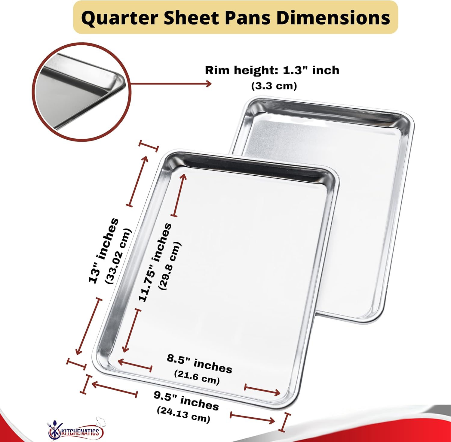 KITCHENATICS Quarter Sheet Baking Pans, Premium Quality Aluminum Cookie Sheet Set - Oven Safe, Nonstick, Rimmed Cooking Trays, 1/4 Baking Sheets for Oven, Roasting, Baking - 9.6" x 13" IN, Set of 2