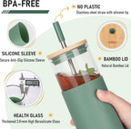 Glass Tumbler w/Lids & Straw:24oz Reusable Mug w/Bamboo Lid & Stainless Steel Straw-BPA-Free, Leak-Proof,Dishwasher Safe for Coffee,Smoothies, Hot Beverages, Travel, Office, Home Use,4-PK