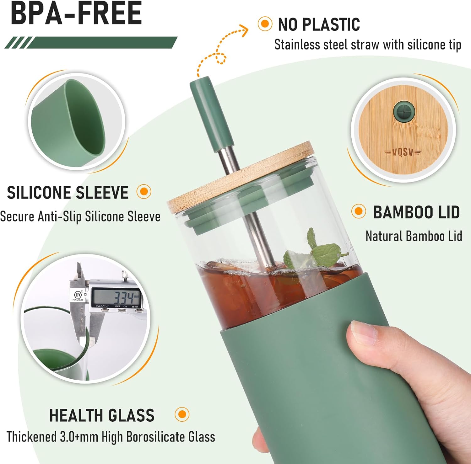 Glass Tumbler w/Lids & Straw:24oz Reusable Mug w/Bamboo Lid & Stainless Steel Straw-BPA-Free, Leak-Proof,Dishwasher Safe for Coffee,Smoothies, Hot Beverages, Travel, Office, Home Use,4-PK