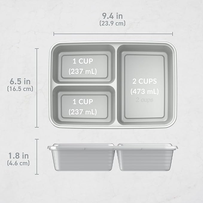 Bentgo Prep - 20-Piece 3-Compartment Reusable Meal Prep Containers with Lids, PFAS & BPA Free Materials, Durable, Microwave, Freezer, & Dishwasher Safe To Go Food Storage (Silver)