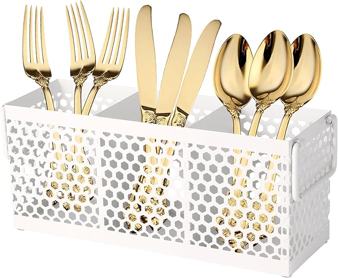 Kitchen Utensil Holder with 3Compartments Metal Mesh Silverware Caddy Organizer with Sturdy iron Base for Kitchen Countertop，Black Cooking Utensil Crock