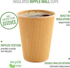 Restaurantware 8 Ounce Double Wall Disposable Coffee Cups, 25 Insulated Kraft Paper Tumblers Ripple Wall Design, Lids Available and Sold Separately, for Hot Drinks like Tea, Hot Chocolate