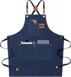 AFUN Chef Aprons for Men Women with Large Pockets, Cotton Canvas Cross Back Heavy Duty Adjustable Work Apron, Size M to XXL (Darkblue)