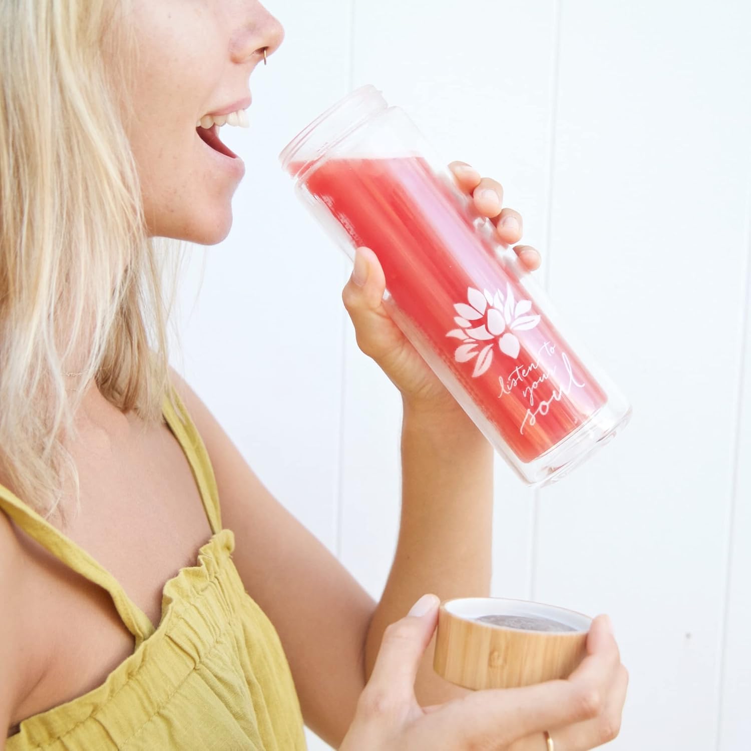 Sacred Lotus Love Double-Walled Glass Tea Tumbler with Infuser and Strainer 15oz - Perfect for Loose Leaf Tea, Cold or Hot Water Bottle, Fruit Drinks - Comes with Travel Sleeve and Cozy