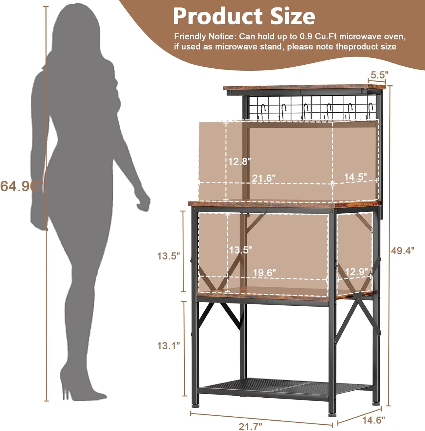 Furologee Kitchen Bakers Rack with Hutch, Coffee Bar Station 4 Tiers, Microwave Oven Stand with 6 S Hooks and Pegboard, Kitchen Microwave Rack for Spice Organizer Workstation, Rustic Brown