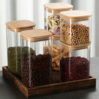 38 oz Glass Food Storage Jars with Airtight Lids, Clear Glass Jar with Bamboo Lid, Airtight Food Canister for Tea, Candy, Coffee, Sugar, Cookie, Snack. (Square| 5+6 Inch) SET of 3