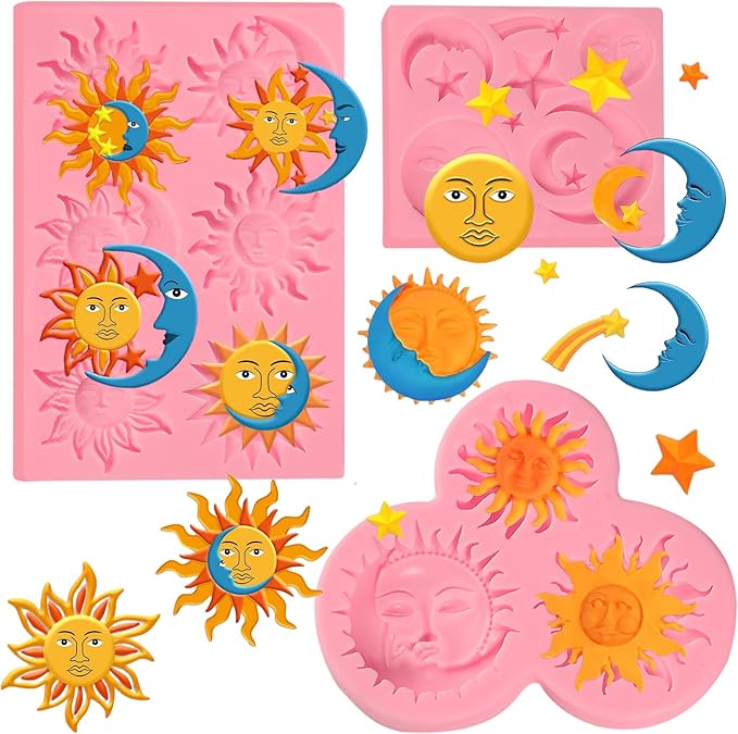 Sun and Moon Face Cake Decoration Fondant Mold 3 Pcs, Greek Mythology Various Chocolate Silicone Molds, for Candy, Biscuits, Mousse, Kitchen Baking, Cupcake Toppers, Modeling Clay, Plaster