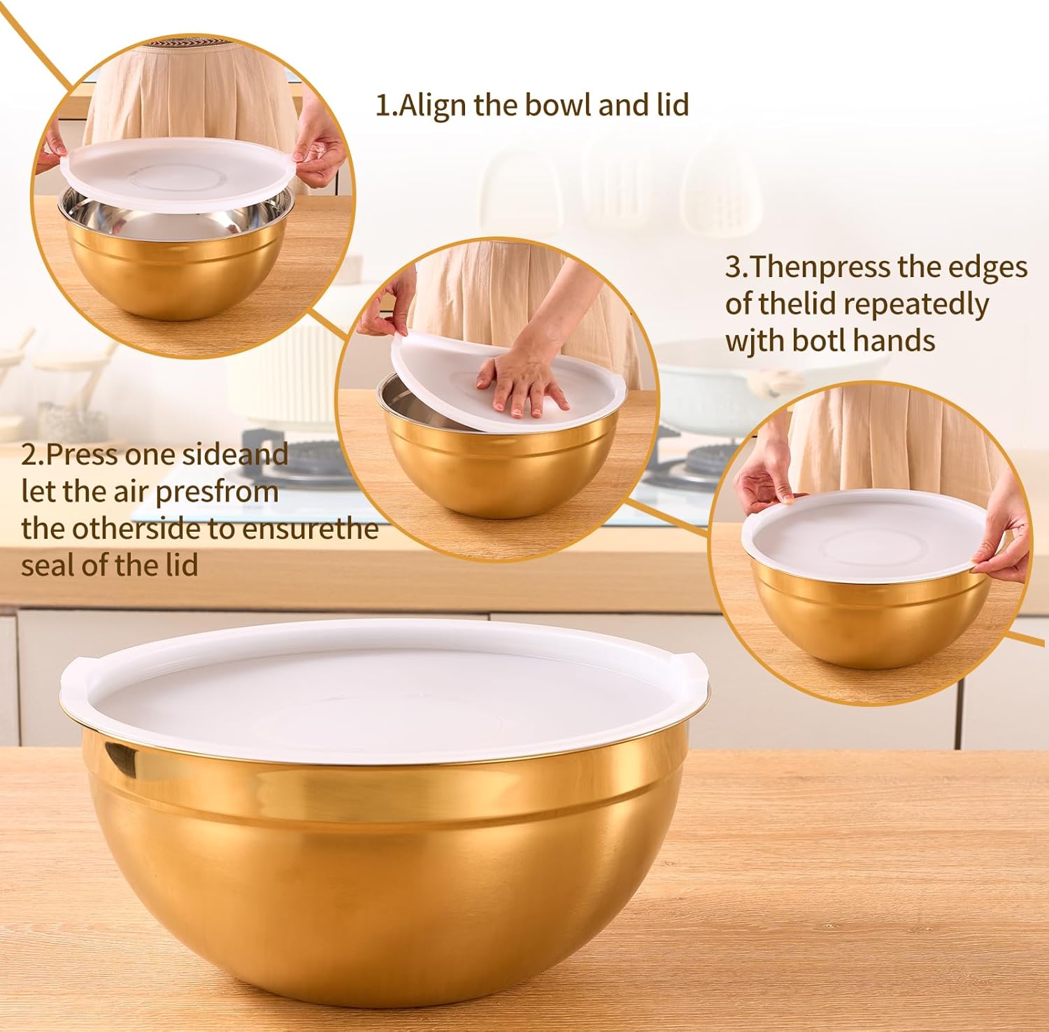 Gold Mixing Bowls With Airtight Lids,Stainless Steel Bowl,Salad Bowls 7 Piece Colorful Nesting Bowl Gold Kitchen Accessories,Size 7,3.6,2.7,2.1,1.5,1.1,0.8QT Stackable Design