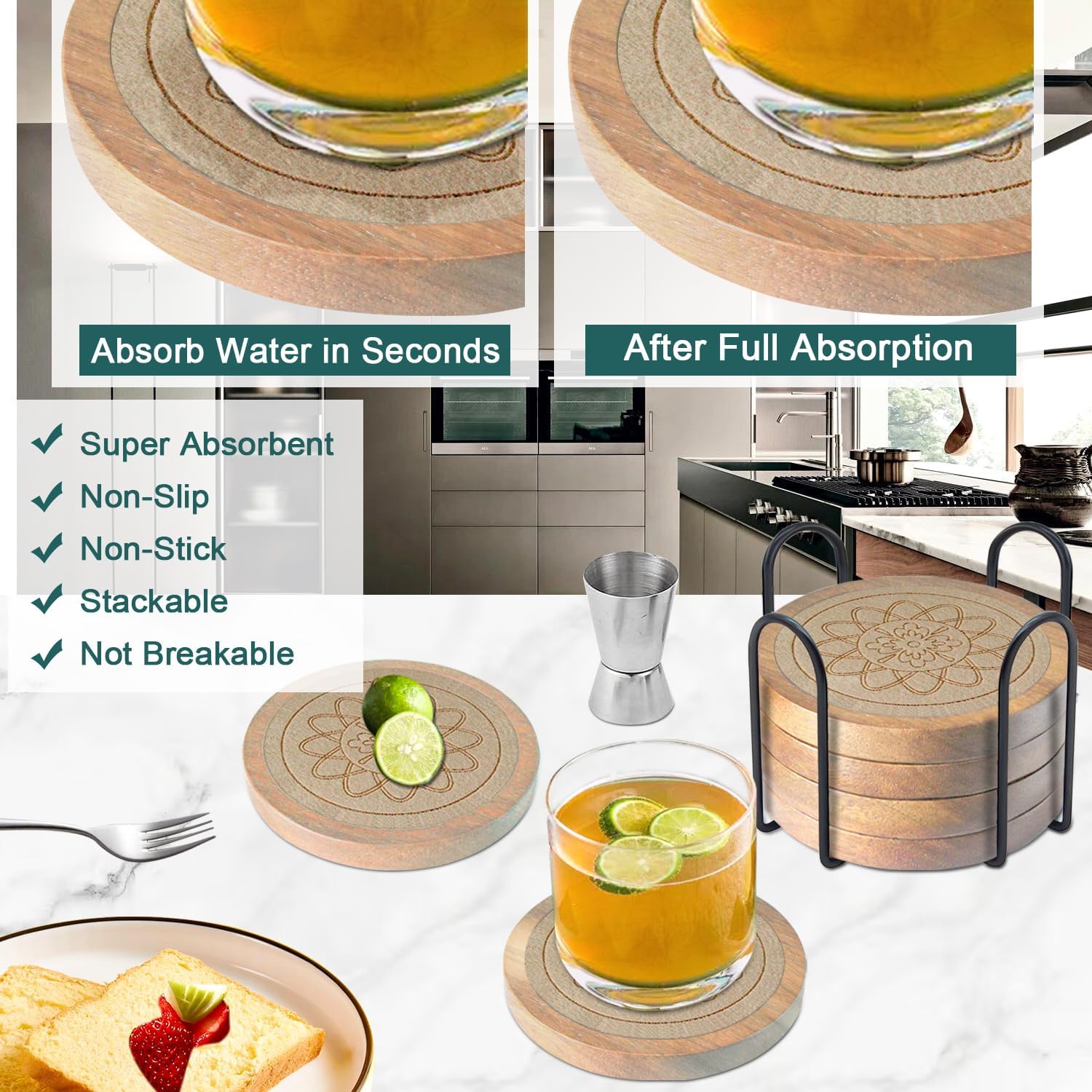 Wood Coasters for Drinks Housewarming Gifts for Home Decoration Coasters Sets of 6 Absorbent Coasters with Holder Funny Coasters for Coffee Tabletop Protection 4.3 Inch Beige, CRB6-B004