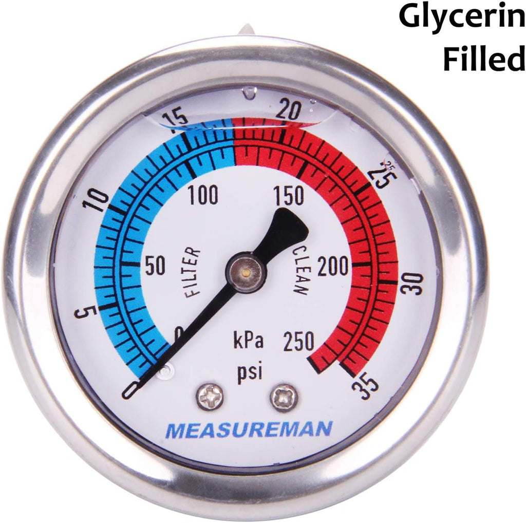 MEASUREMAN 2" Dial Size, Liquid Filled Pool Filter Pressure Gauge, 304 Stainless Steel Case, 0-35psi/250kpa,1/4" NPT Center Back Mount