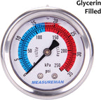 MEASUREMAN 2" Dial Size, Liquid Filled Pool Filter Pressure Gauge, 304 Stainless Steel Case, 0-35psi/250kpa,1/4" NPT Center Back Mount