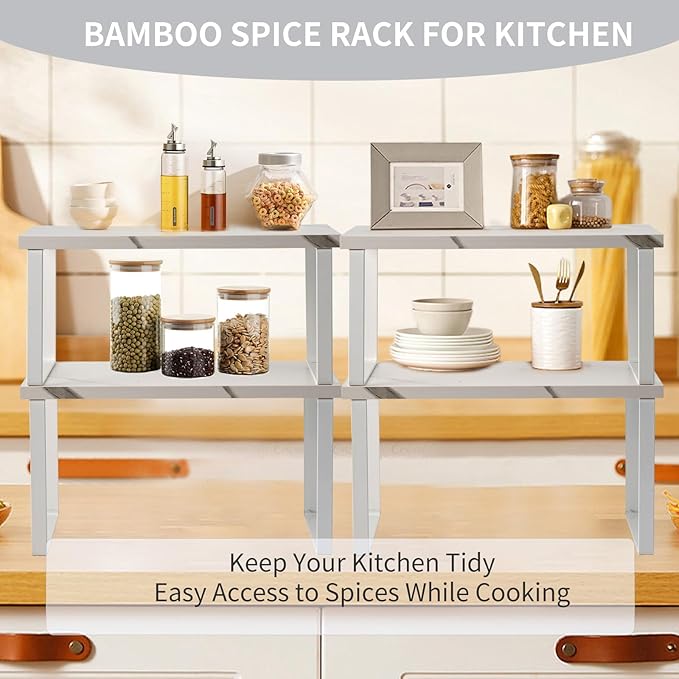 Cabinet Organizer Shelf, Set of 2 Expandable Kitchen Countertop Shelves with Spice Rack - Stackable Storage in Metal and Wood15.7 inches (White)