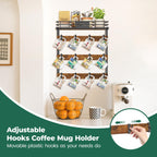 EsLuker.ly Coffee Mug Holder Wall Mounted Display Rack, Black Metal Cup Hanger Organizer with 12 Movable Plastic Hooks, Wood Rustic Shelf for Coffee Bar Home Kitchen, Thoughtful Wall Storage