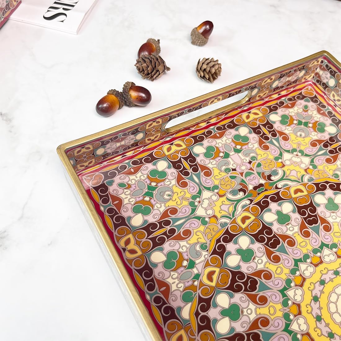 2pcs Boho Red Decorative Serving Tray, Modern Plastic Tray with Handles for Coffee Table, Living Room, Ottoman, Home Decor, Large, 15.7"*11.8"*1.6", Small 13.7"*9.8",