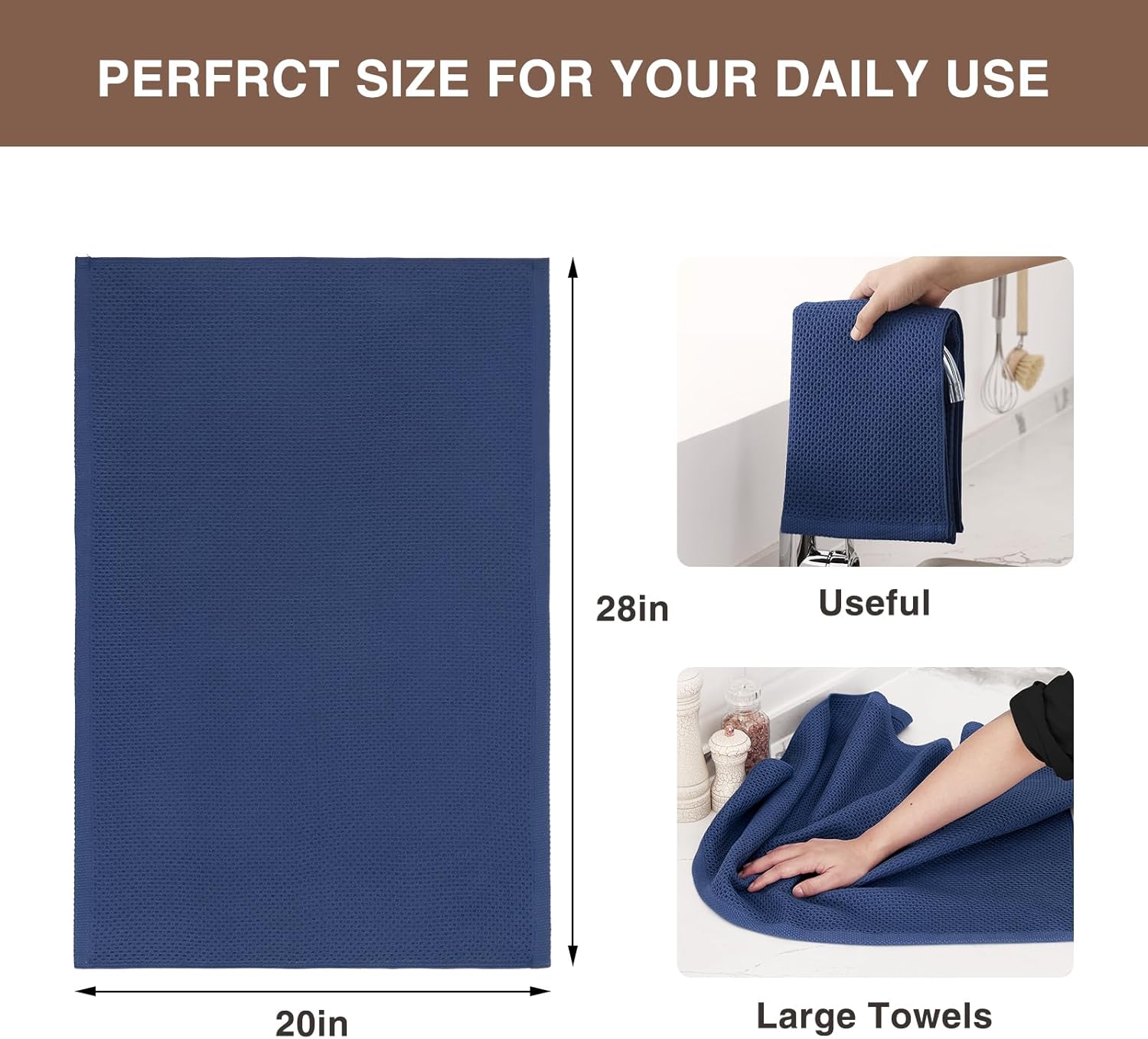 Homaxy 100% Cotton Oversized Waffle Weave Kitchen Dish Towels, Ultra Soft Absorbent Quick Drying Cleaning Towel, 20 x 28 Inches, 4-Pack, Navy Blue