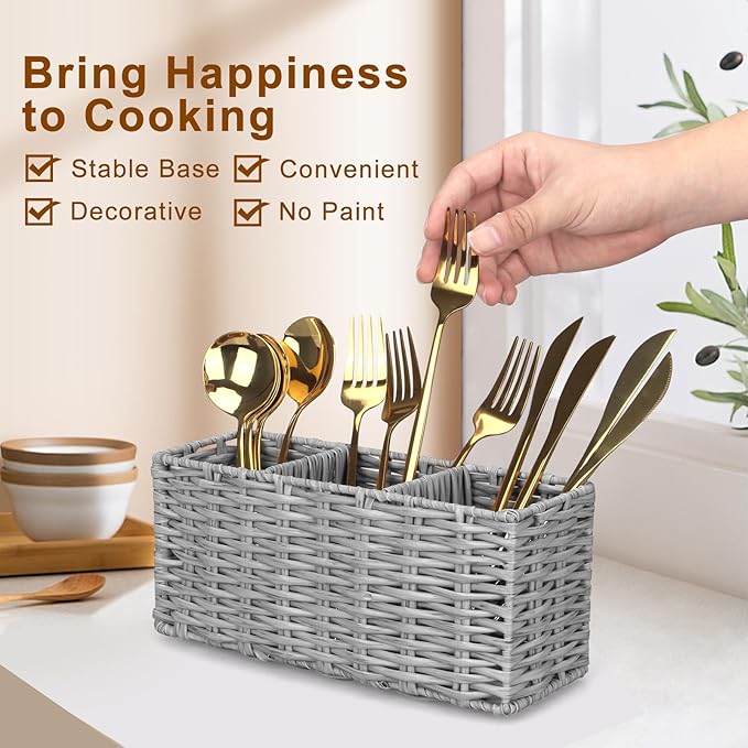 Ayiaren Grey Plastic Cutlery Silverware Holder Small Utensil Organizer Holders for Kitchen Counter Party Flatware Caddy Table Silverware Organizer Basket Spoon Knife Fork Holder Picnic Utensil Caddy