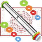 Rolling Pin and Pastry Baking Mat Set, Rolling Pins with Adjustable Thickness Rings, Stainless Steel Dough Roller for Baking Fondant, Pizza, Pie, Pastry, Pasta, Cookies (Red Mat)