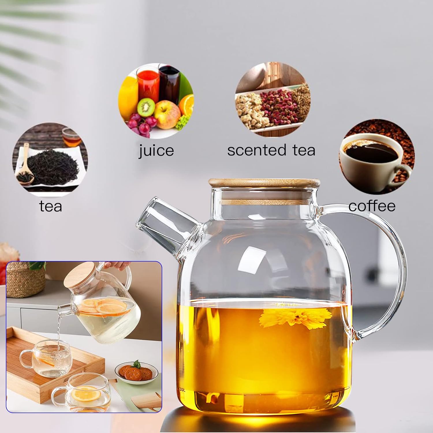 60.8oz Glass Teapot, Stovetop & Microwave Safe Glass Borosilicate Tea Pot,Clear Teapot with Strainer, Glass Tea Kettle with Wooden Lid, Loose Leaf、Fruit Tea and Fragrant Tea