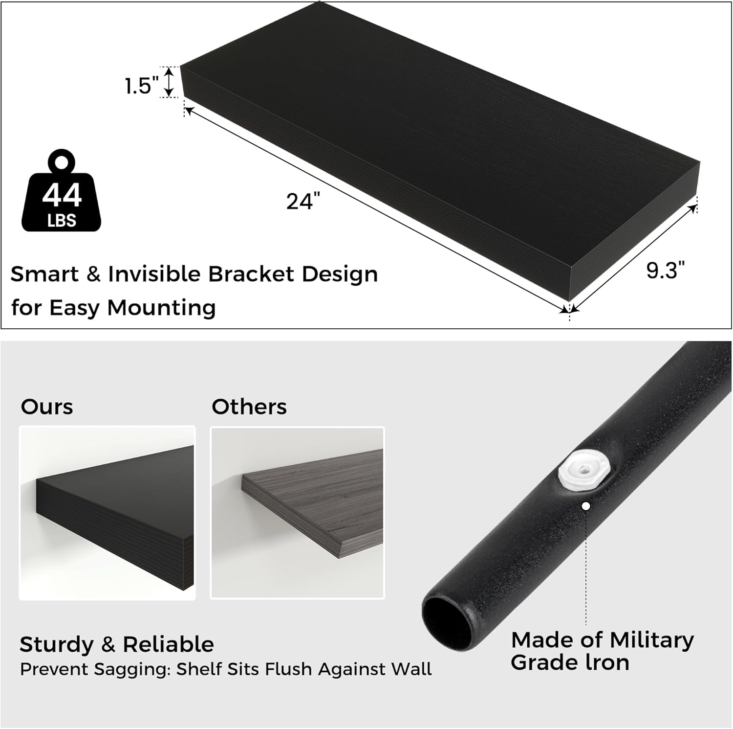 Floating Shelves - 2 Large Wall Mounted Shelves with Invisible Brackets, Long Wood Floating Wall Shelf for Living Room, Bedroom, Kitchen (Black, 24" W x 9" D x 1.5" H)