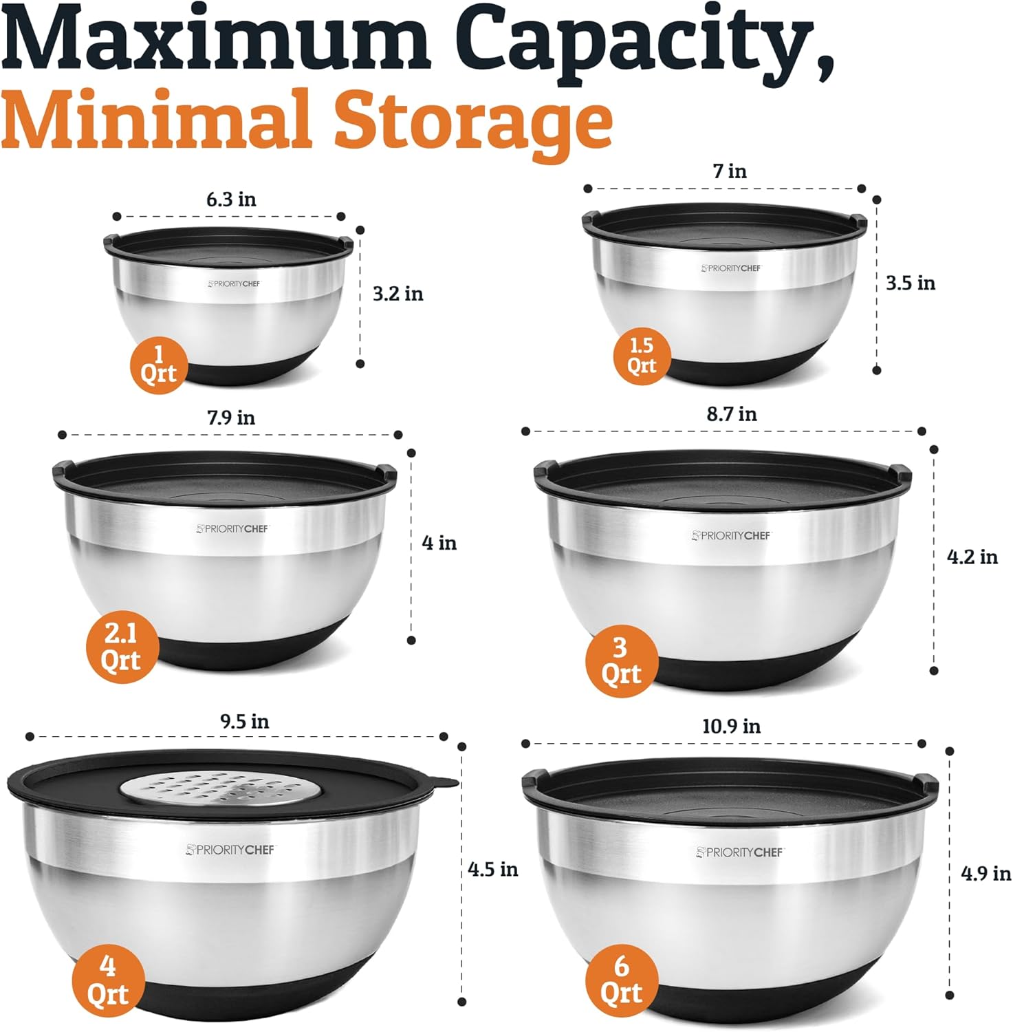 Priority Chef 6Pc Large Mixing Bowls With Lids Set with Non-Slip Bases, Stainless Steel Mixing Bowl Set, 6 Airtight Lids and 3 Graters, Black
