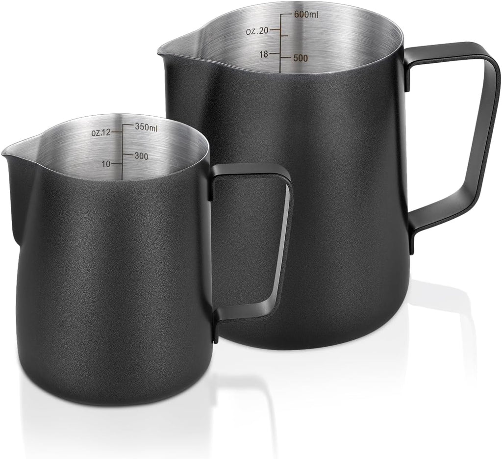 2 Pack Matte Black Milk Frothing Pitcher, 12oz/350ml & 20oz/600ml Espresso Steaming Pitcher, Stainless Steel Milk Frother Steamer Cup, Perfect for Espresso Coffee Cappuccino Latte Art