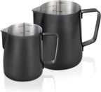 2 Pack Matte Black Milk Frothing Pitcher, 12oz/350ml & 20oz/600ml Espresso Steaming Pitcher, Stainless Steel Milk Frother Steamer Cup, Perfect for Espresso Coffee Cappuccino Latte Art