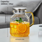 1600ml Glass Water Pitcher with Lid and Spout, Glass Water Jug Carafe for Hot/Cold, Full Glass Teapot, Large Iced Tea Pitcher for Homemade Beverage