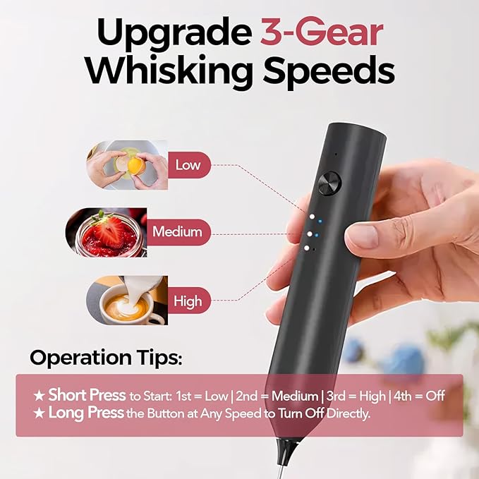 YARRAMATE Electric Milk Frother Wand, Fast Rechargeable Coffee Mixer with 2 Heads 3 Speeds, Handheld Drink Stirrer, Whisk Foam Maker for Lattes, Cappuccino, Matcha, Hot Chocolate (Black)