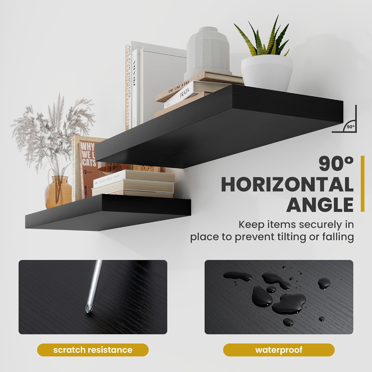 24 Inch Floating Shelves, 9.3" Deep Floating Shelf Wall Mounted, 24" Wall Shelves, Rustic Deep Bookshelf, Large Display Shelves & Storage Shelves for Bedroom, Living Room, Black, Set of 2