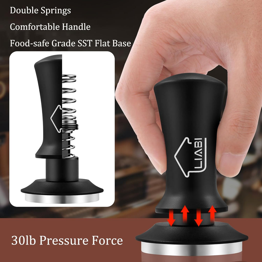 Coffee Tamper 51mm, Espresso Tamper with 2 Spring Loaded Tamper, Barista Coffee Tamper Tools with Aluminum Tamper Stand Holder, 100% Stainless Steel Flat Base Tamper for Espresso Machine(Black)