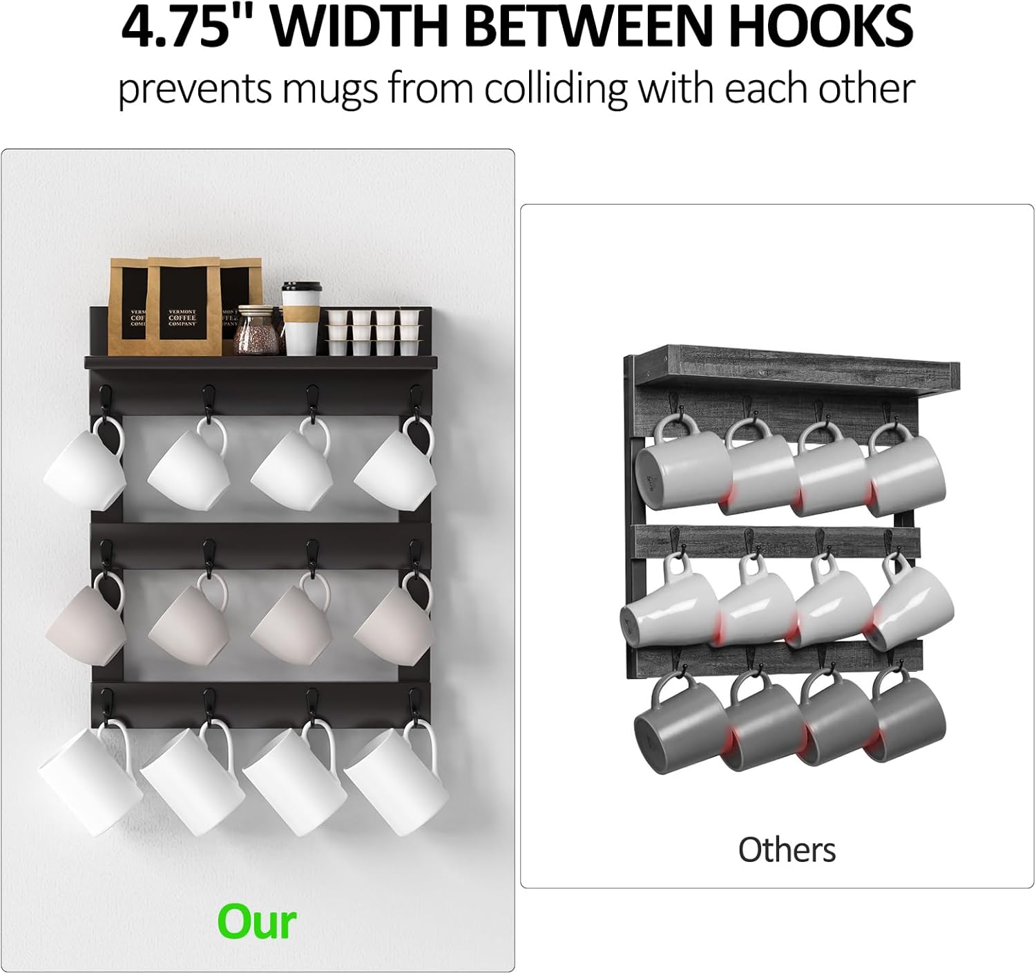 Mug Rack Wall Mounted, Coffee Cup Holder, Bamboo Mug Shelf with 12 Hooks for Home Kitchen Display and Collection