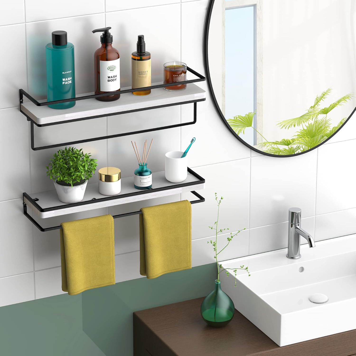 Meangood Floating Shelves Wall Mounted Set of 2, Wall Shelf with Towel Bar Rustic Wood Wall Storage Shelves for Bedroom,Living Room,Bathroom, Kitchen White