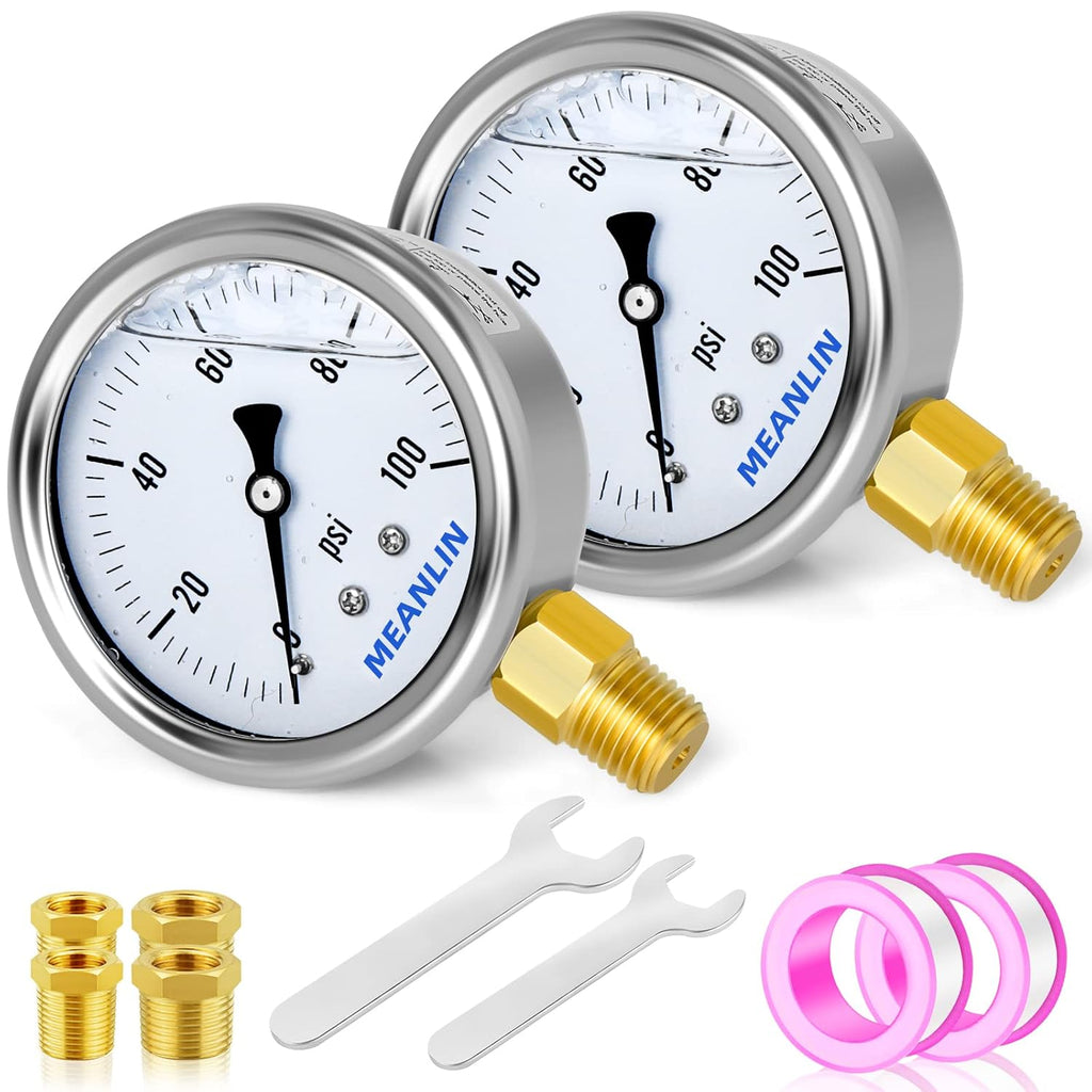 MEANLIN MEASURE 2pcs 0~100Psi Stainless Steel 1/4" NPT 2.5" Single Scale FACE DIAL,Glycerin Filled Pressure Gauge, Lower Mount with 1/4" x 1/2" NPT and 1/4" x 3/8" NPT Hex Bushing