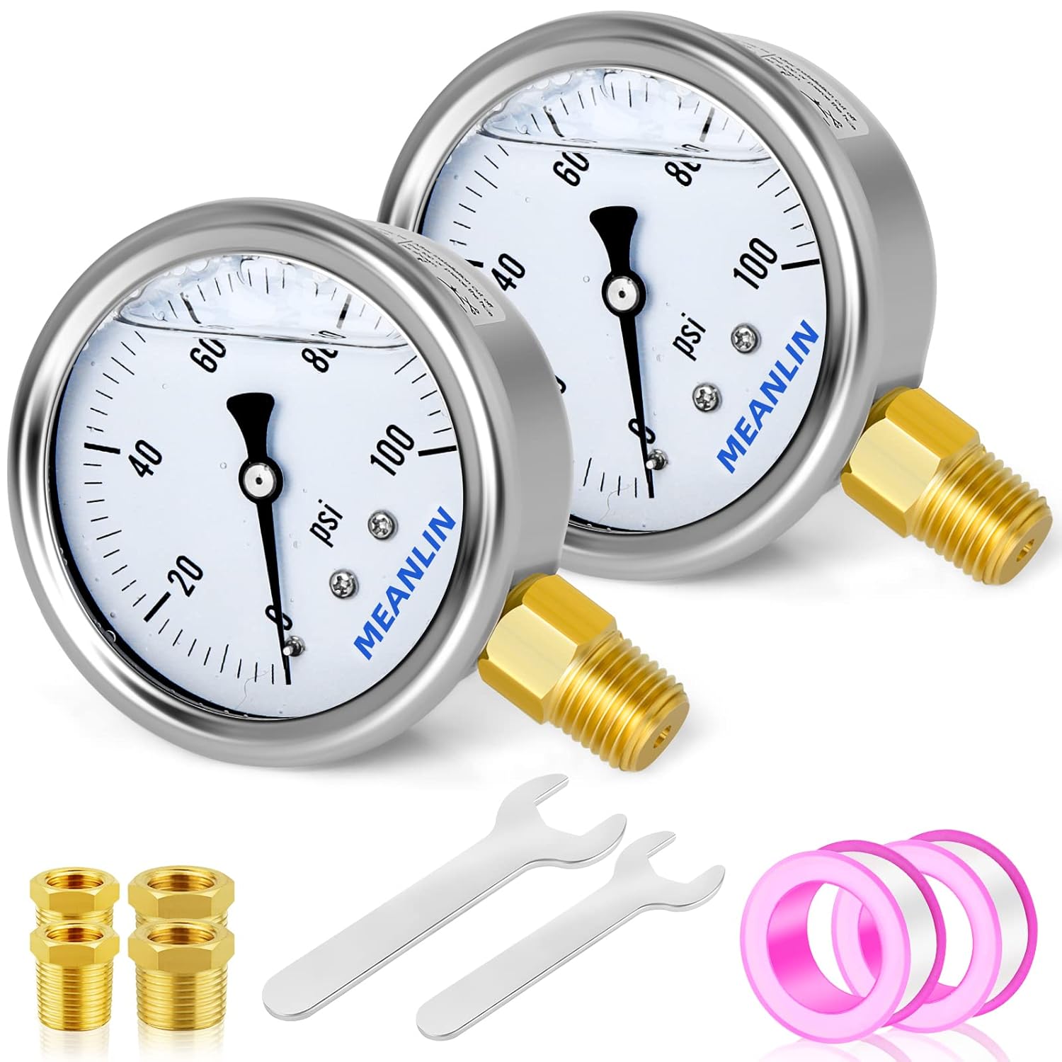 MEANLIN MEASURE 2pcs 0~100Psi Stainless Steel 1/4" NPT 2.5" Single Scale FACE DIAL,Glycerin Filled Pressure Gauge, Lower Mount with 1/4" x 1/2" NPT and 1/4" x 3/8" NPT Hex Bushing