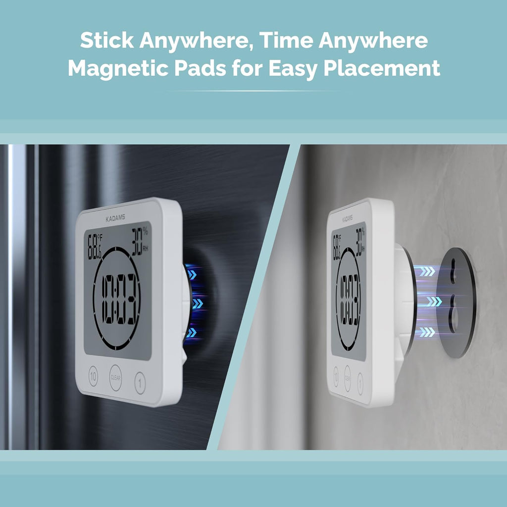 KADAMS Shower Clock Waterproof Bathroom Timer – Digital Wall Clock with Countdown, Magnetic Kitchen Clock with Temperature & Humidity, Suction Cup for Kids Shower Spa Sauna Cook Bath, White