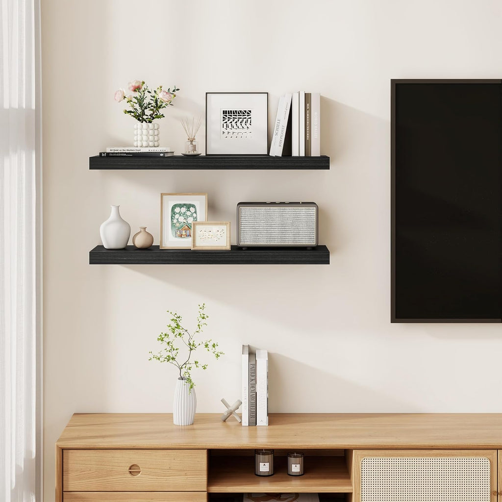 Fun Memories Rustic Floating Shelves for Home Decor, 8 Inch Deep Floating Shelf, Solid Wood Floating Wall Shelves 30 Inch Long, Deep Wall Shelves for Bathroom, Living Room, Black Finsh, Set of 2