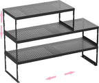Stackable Expandable Metal Shelf Organizer - Adjustable Wire Storage Rack with Holes for Kitchen, Bathroom, Cabinet, Office - Space Saving, Durable & Sturdy Design（3PACKS/Medium/Black