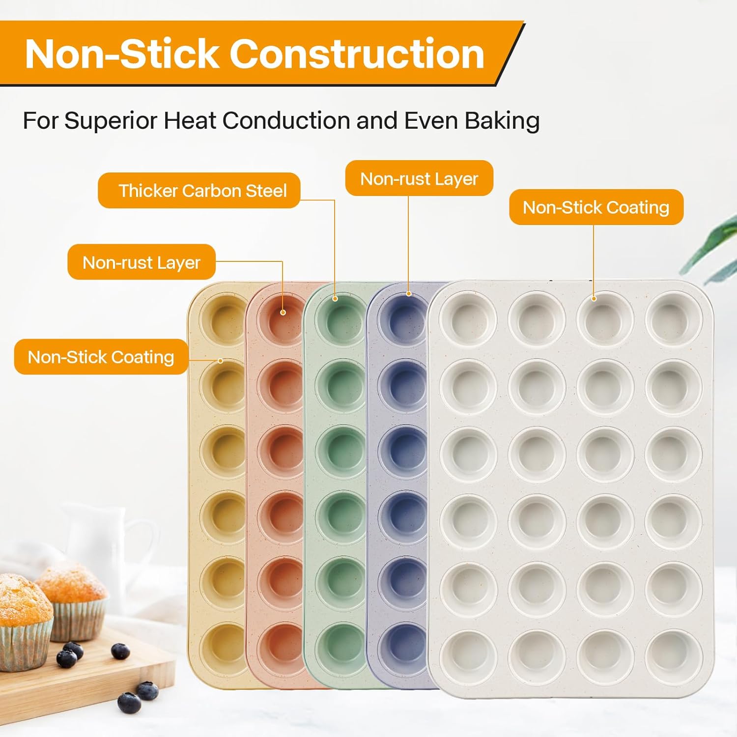 2-Pack 24-cup Beige Miffin Pan, Non-Stick Cupcake Muffin Tin, Ceramic Coating Safe Baking Cupcake Pan