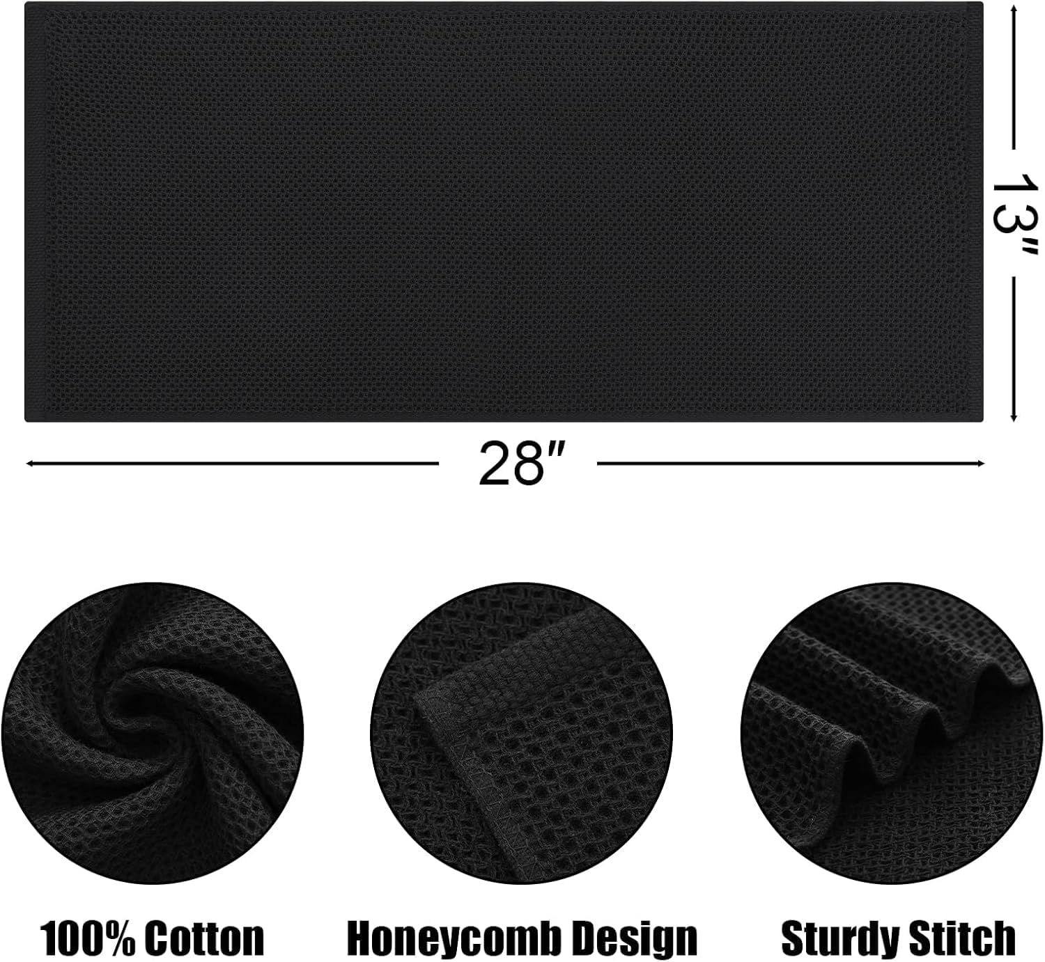 Kitinjoy 100% Cotton Waffle Weave Kitchen Towels, 12-Pack Super Soft and Absorbent Kitchen Dish Towels for Drying Dishes, Kitchen Hand Towels, 13 in x 28 in, Black