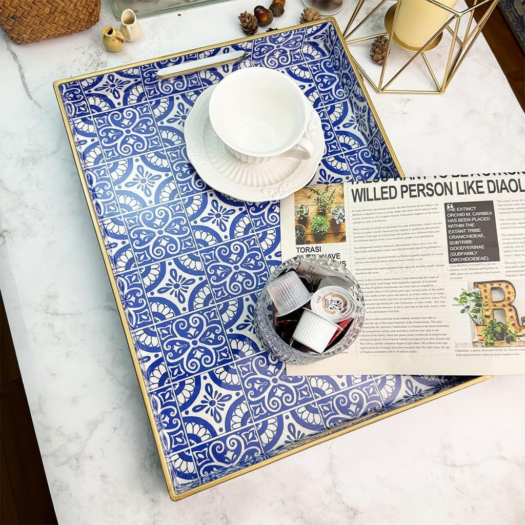 Serving Tray with Handles, Rectangular Decorative Trays for Coffee Table, Plastic Ottoman Tray for Living Room, Decor, Boho Blue, 15.7”*11.8”*1.6"
