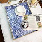 Serving Tray with Handles, Rectangular Decorative Trays for Coffee Table, Plastic Ottoman Tray for Living Room, Decor, Boho Blue, 15.7”*11.8”*1.6"