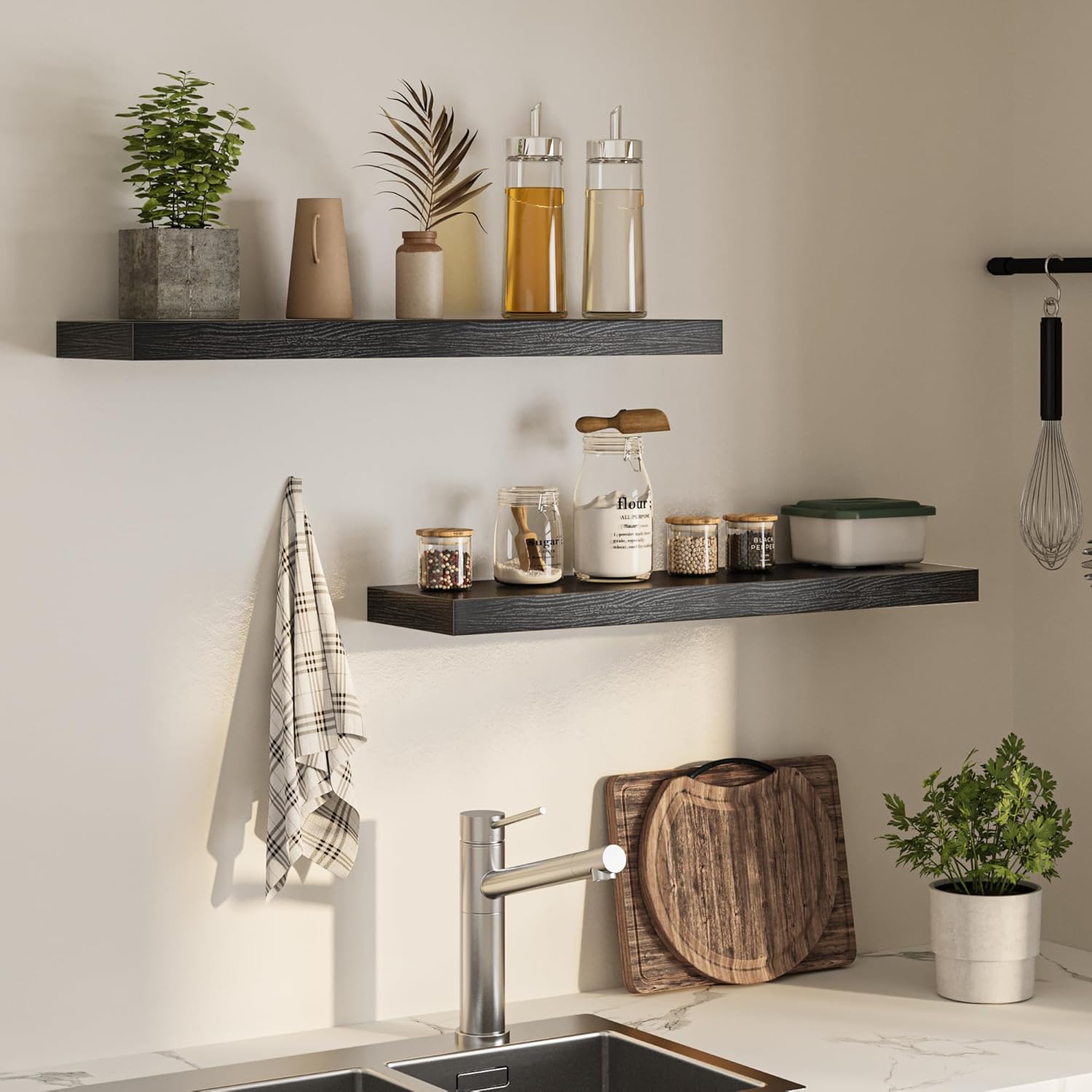 Floating Shelves for Wall, 36" W x 8" D x 1.5" H, Wooden Wall Mounted Display Shelves with Invisible Brackets for Living Room, Bedroom, Bathroom, Kitchen Decor and Storage, Set of 2, Black