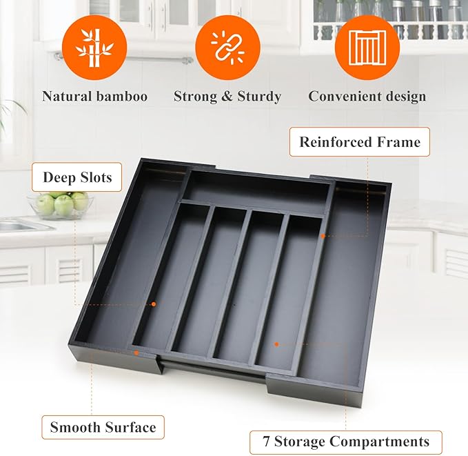 Bamboo Kitchen Drawer Organizer Tray Black Expandable Spoon Silverware Organizer Large Utensil Holder Drawers Divider Adjustable Cutlery Flatware Organizers for Drawer Wood Utensil Silverware Tray