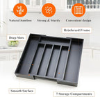 Bamboo Kitchen Drawer Organizer Tray Black Expandable Spoon Silverware Organizer Large Utensil Holder Drawers Divider Adjustable Cutlery Flatware Organizers for Drawer Wood Utensil Silverware Tray
